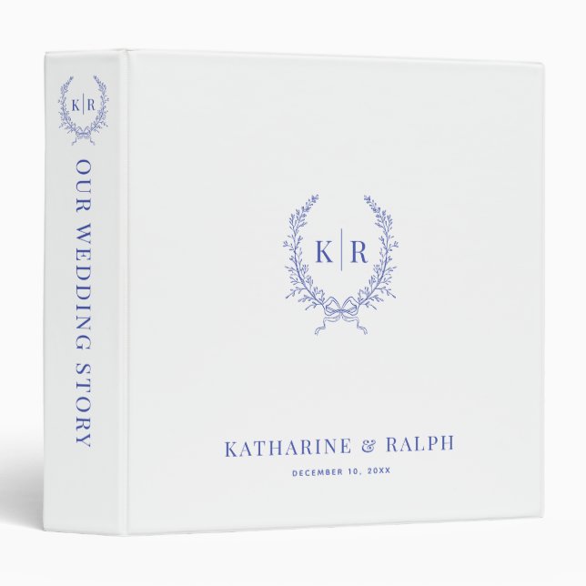 Blue Botaniacal & Ribbon Crest Monogram Wedding Binder (Front/Spine)