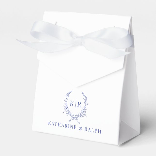 Blue Botaniacal & Ribbon Crest Monogram Wedding Favor Box (Front Side)
