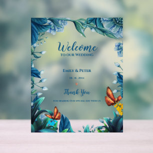 Blue Botanical Butterfly Welcome To Our Wedding Acrylic Sign