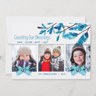 Blue Botanical Counting Blessings 3 Photos Holiday Card