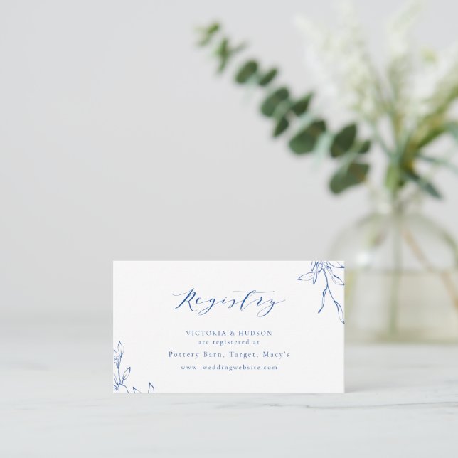 Blue botanical crest monogram bridal Registry card (Standing Front)