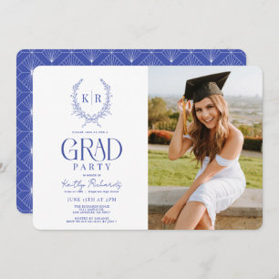 Blue Botanical Crest Monogram Graduation Photo Invitation