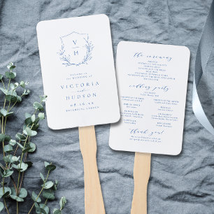 Blue botanical crest monogram wedding program hand fan
