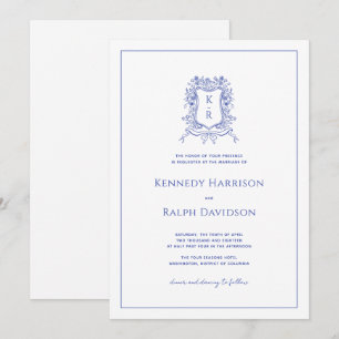 Blue Botanical Crest & Ribbon Elegant Wedding Invitation