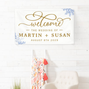 Blue Botanical Eucalyptus Leaves Wedding Party Banner