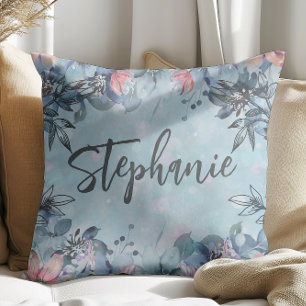 Blue Botanical Floral Name Throw Pillow