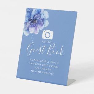 Blue Botanical Floral Photo Guest Book Wedding Pedestal Sign