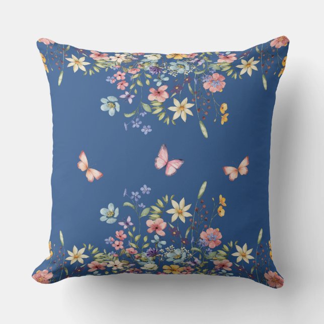 Blue Botanical Floral Throw Pillow (Front)