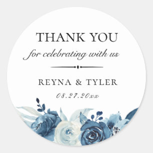 Blue Botanical Floral Wedding Favour Classic Round Sticker