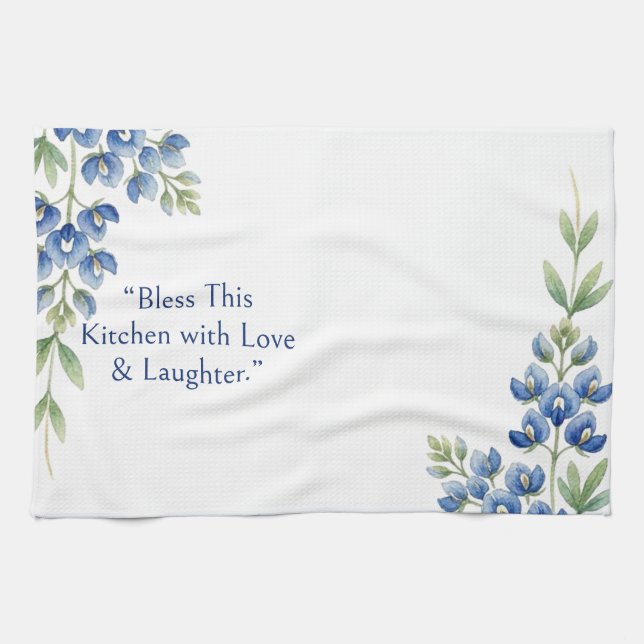Blue Botanical Foliage Floral, Bless This Kitchen Towel (Horizontal)
