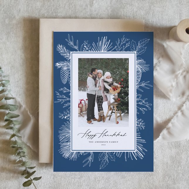 Blue Botanical Frame Happy Hanukkah Photo Holiday Card (Creator Uploaded)