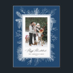 Blue Botanical Frame Happy Hanukkah Photo Holiday Postcard<br><div class="desc">Happy Hanukkah! Send holiday greetings with this vintage-themed Hanukkah postcard. It features vintage line art of pinecones,  pine needles and hollies with a blue background. Personalize by adding your photo,  name,  year and message. This vintage Hanukkah photo postcard is available in other colours. Matching items are available.</div>