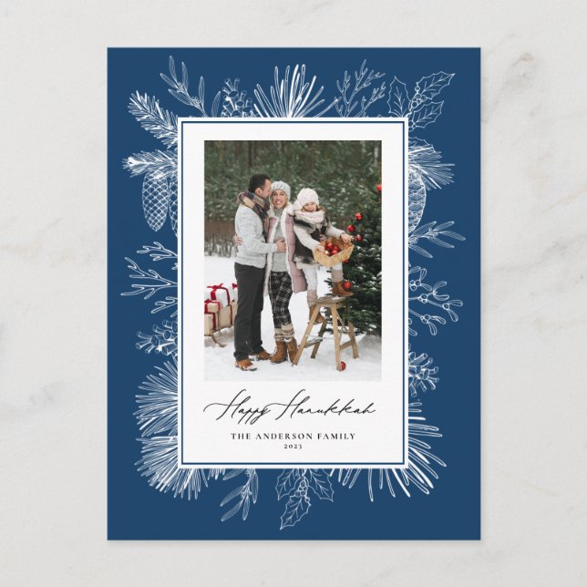 Blue Botanical Frame Happy Hanukkah Photo Holiday Postcard (Front)