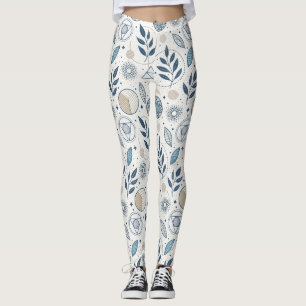 Blue Botanical Geometric Doodle Leggings