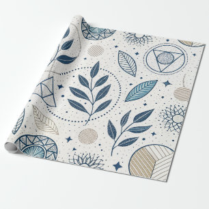 Blue Botanical Geometric Doodle Wrapping Paper