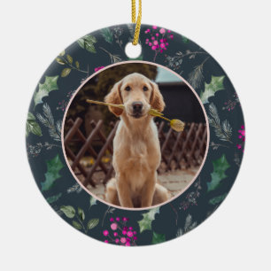 Blue Botanical Greenery Pet Baby First Christmas  Ceramic Ornament