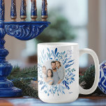 Blue Botanical Hanukkah Jewish Family Photo Coffee Mug<br><div class="desc">Beautiful blue watercolor botanical leaves spring out of your vertical Jewish family photograph for a Happy Hanukkah. Personalize this elegant Chanukah gift with a 2nd photo on the back.</div>