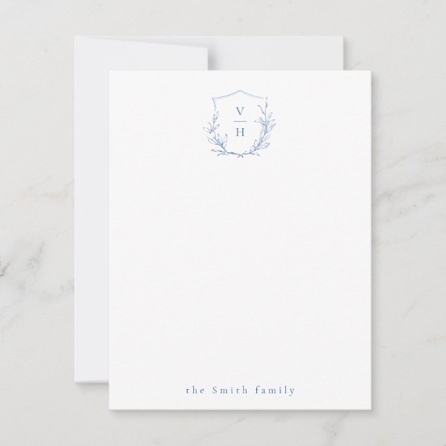 Blue botanical monogram personalized Stationery Card (Front)