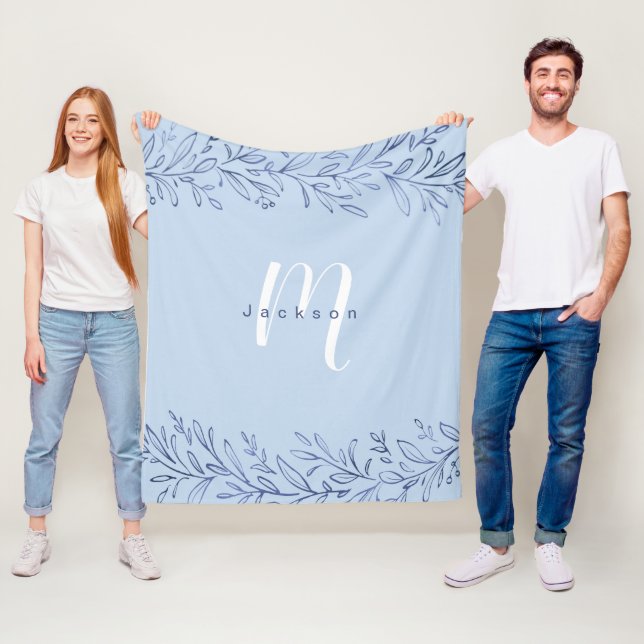 Blue botanical personalized name and monogram fleece blanket (In Situ)
