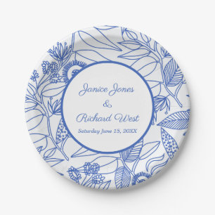 Blue Botanical Personalized Navy Frame Wedding  Paper Plate
