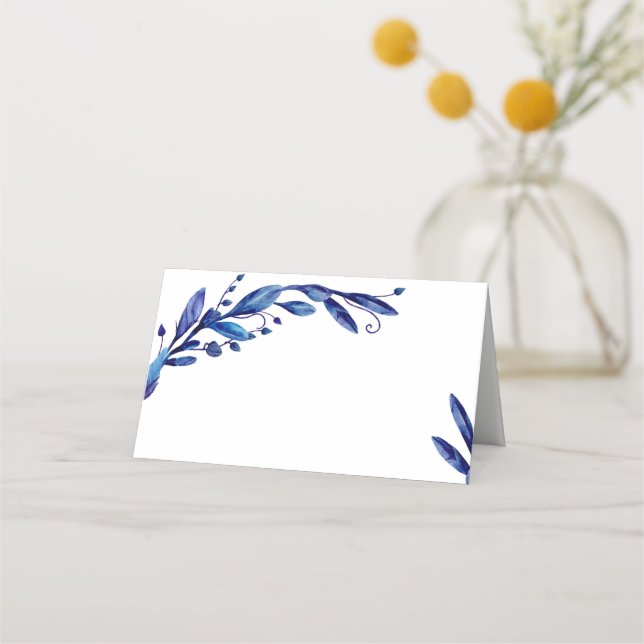 Blue botanical place card. Navy wedding seating Place Card (Front)
