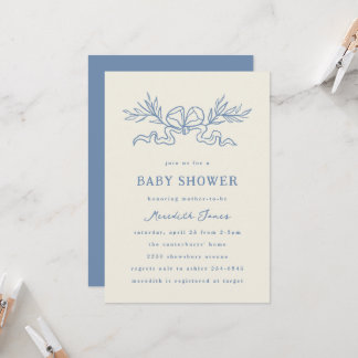 Blue Botanical Ribbon Baby Shower Invitation