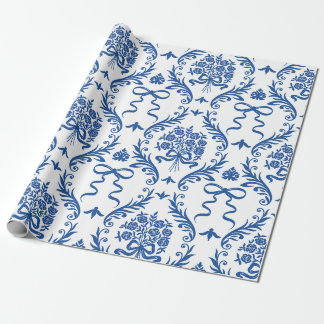 Blue Botanical Ribbon Bouquet Wrapping Paper