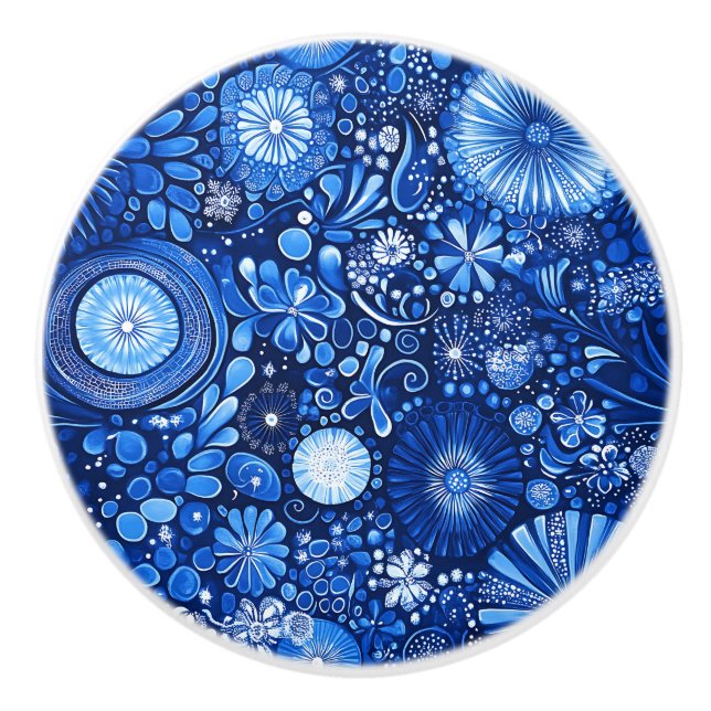 Blue Botanical Shibori Ceramic Knob (Front)