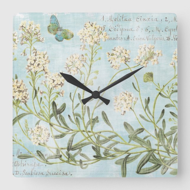 Blue Botanical Square Wall Clock (Front)