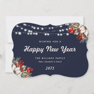 Blue Botanical String Lights New Year Card