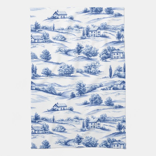 Blue Botanical Toile Pattern Kitchen Towel (Vertical)