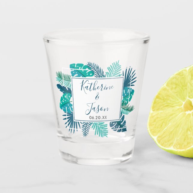 Blue Botanical Tropical Palm Summer Beach Wedding Shot Glass (Front)
