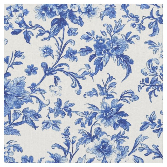 Blue Botanical Vine Toile Pattern Fabric (Close Up)