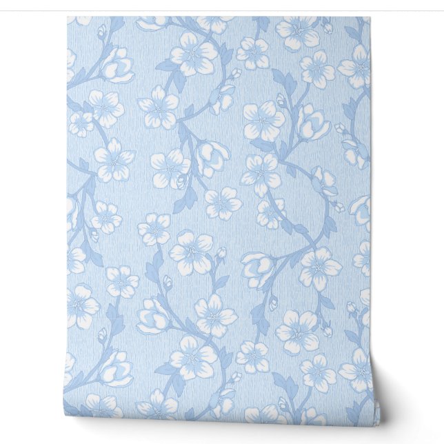 Blue Botanical Wallpaper – Modern Floral  (Unrolling)