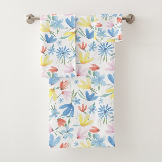 Blue Botanical Watercolor Floral Pattern Bath Towel Set (Insitu)