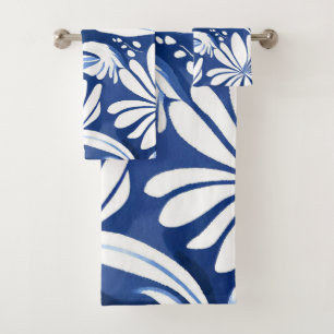 Blue Botanical Watercolor Floral Pattern Bath Towel Set