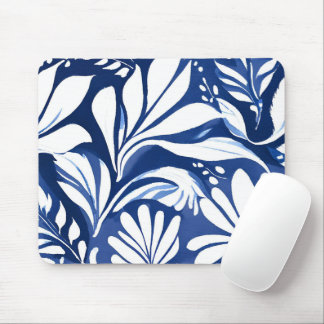 Blue Botanical Watercolor Floral Pattern Mouse Pad