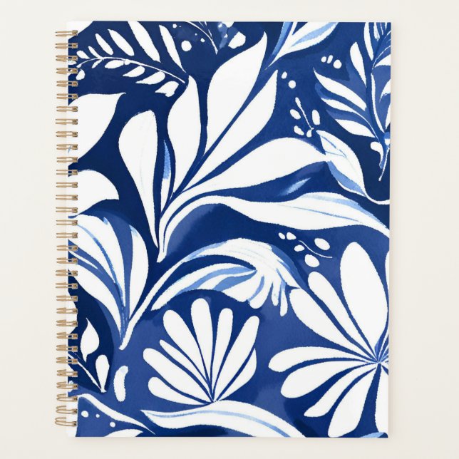 Blue Botanical Watercolor Floral Pattern Planner (Front)