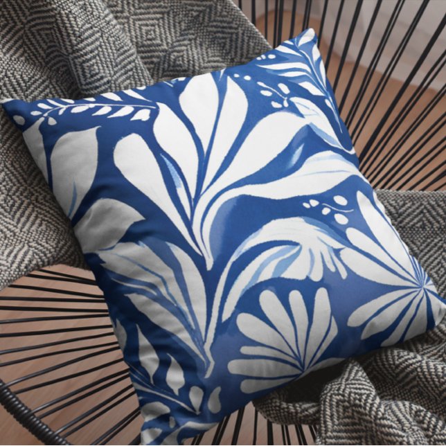 Blue Botanical Watercolor Floral Pattern Throw Pillow (Creator Uploaded)
