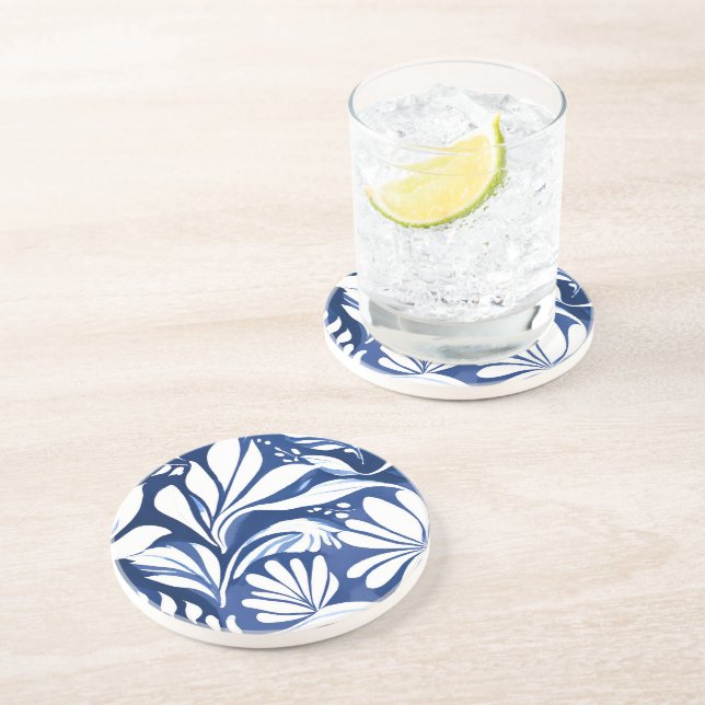 Blue Botanical Watercolor Floral White Pattern Coaster (Side)