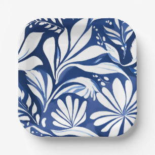 Blue Botanical Watercolor Floral White Pattern Paper Plate