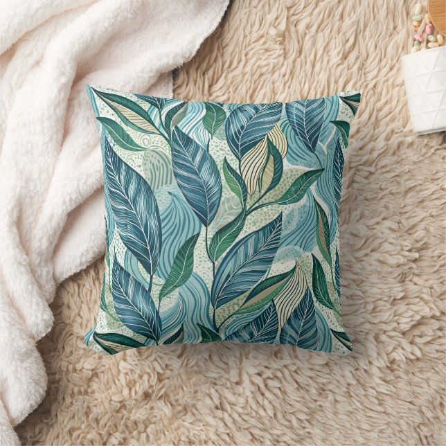 Blue Botanical Wave Modern Pattern Throw Pillow (Blanket)