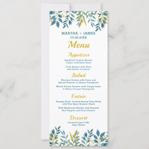 Blue Botanical Wedding Dinner Menu Card