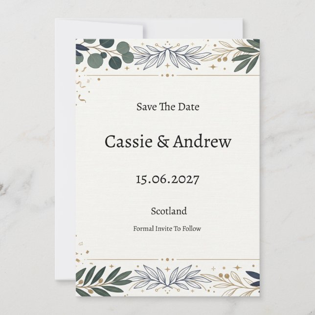 Blue Botanical Wedding Save The Date (Front)
