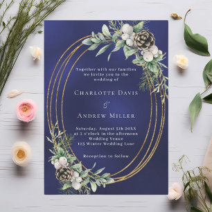 Blue botanical winter wedding invitation