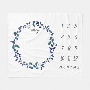 Blue Botanical Wreath Baby Milestone Fleece
