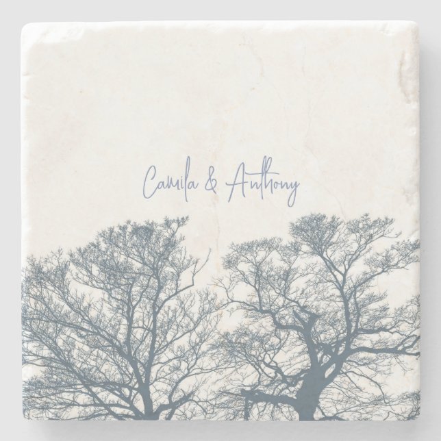 Blue Bottom Trees Tropical Boho Wedding Stone Coaster (Front)