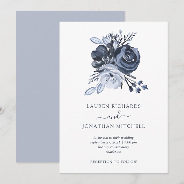 Blue Bouquet | Watercolor Floral Wedding Invitation (Front/Back)