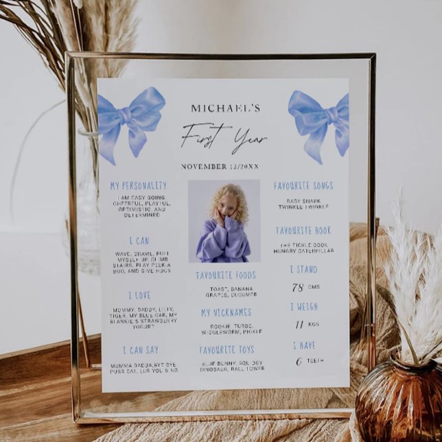 Blue Bow 1st Birthday Milestone Board Poster (Blue Bow 1st Birthday Milestone Board Poster)