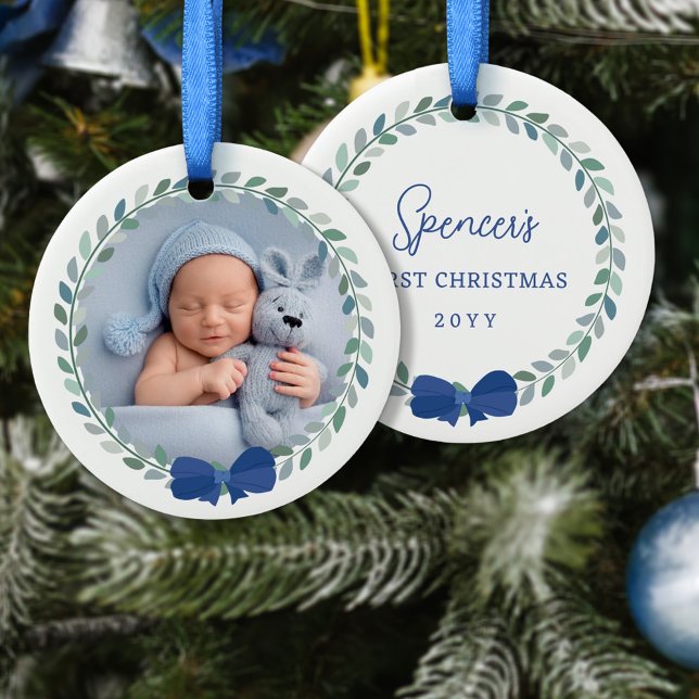Blue Bow-Adorned Wreath Baby's First Christmas Ceramic Ornament (Creator Uploaded)